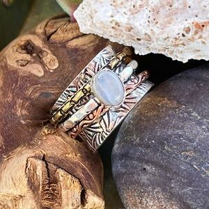 Natural Rainbow Moonstone 3-tone Silver Spinner Ring Sz 8